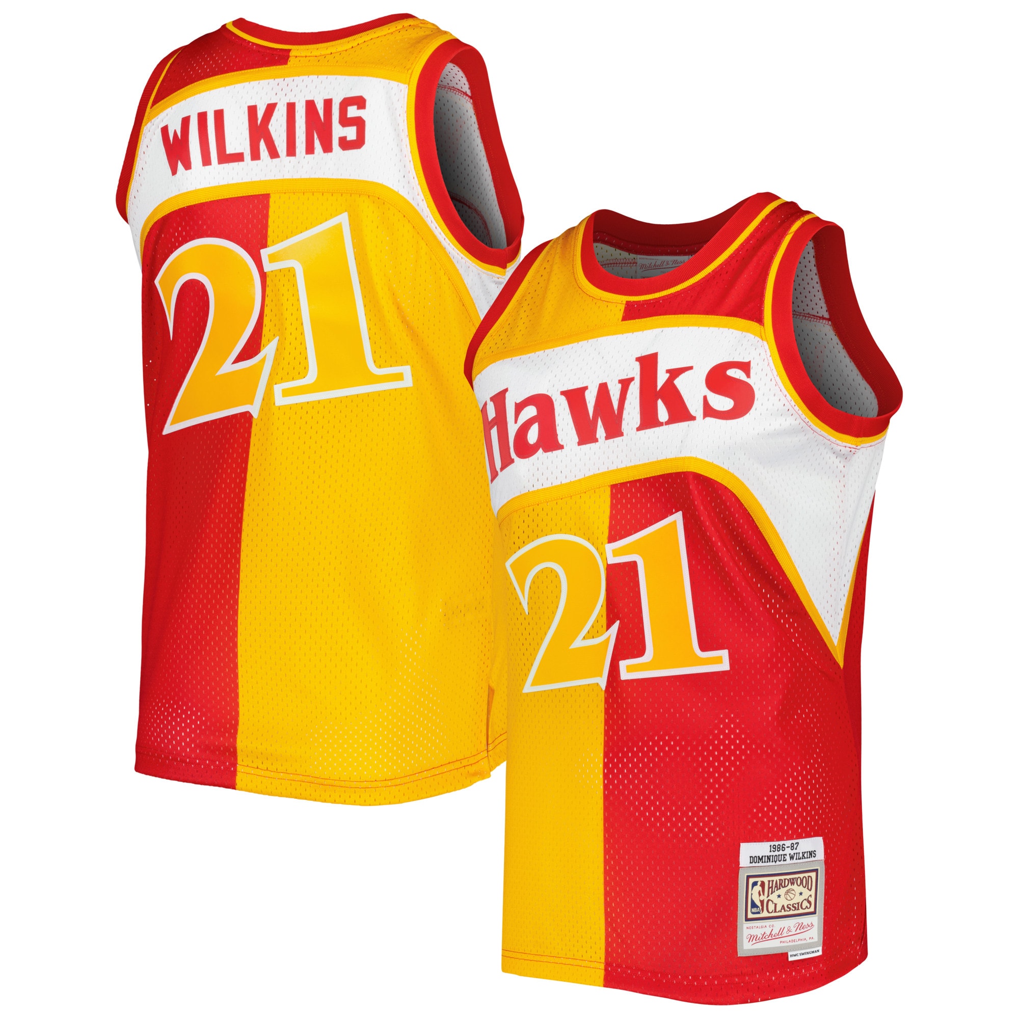 Nicesnkpro Dominique Wilkins Atlanta Hawks Mitchell Ness Hardwood Classics 1986/87 Split Swingman Jersey - Yellow/Red 