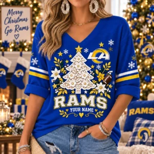 Limited Edition – Customized NFL Los Angeles Rams Women’s Heart V-Neck Long Sleeve Shirt