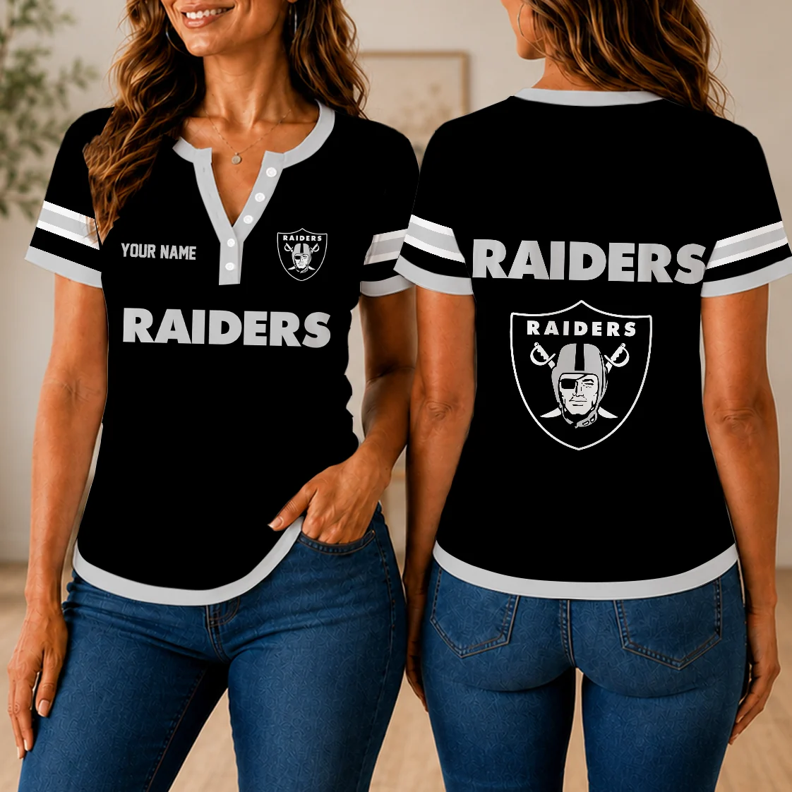 Limited Edition – Customized NFL Las Vegas Raiders Women’s Short Sleeve Henley T-Shirt