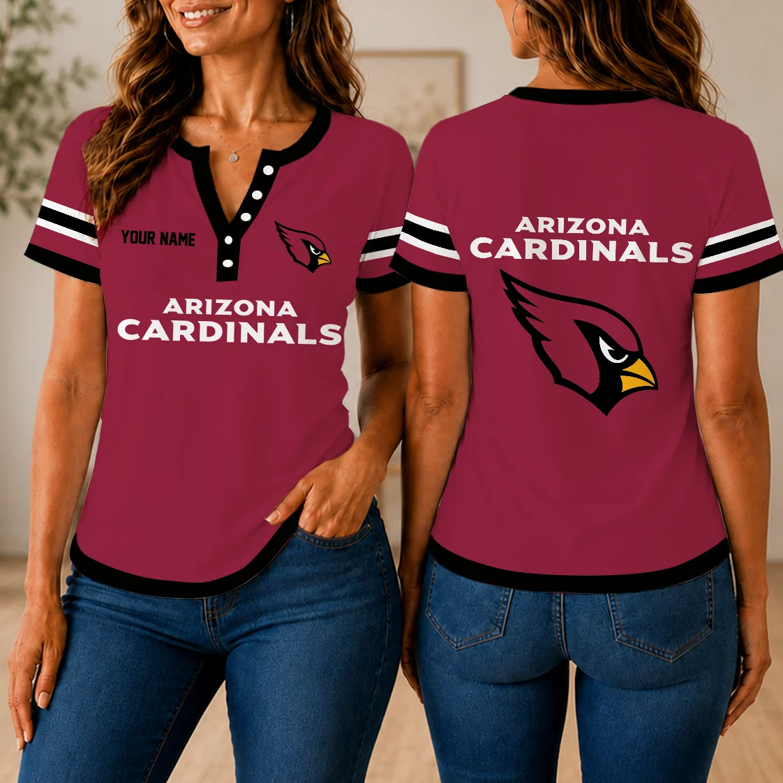 Limited Edition – Customized NFL Arizona Cardinals Women’s Short Sleeve Henley T-Shirt