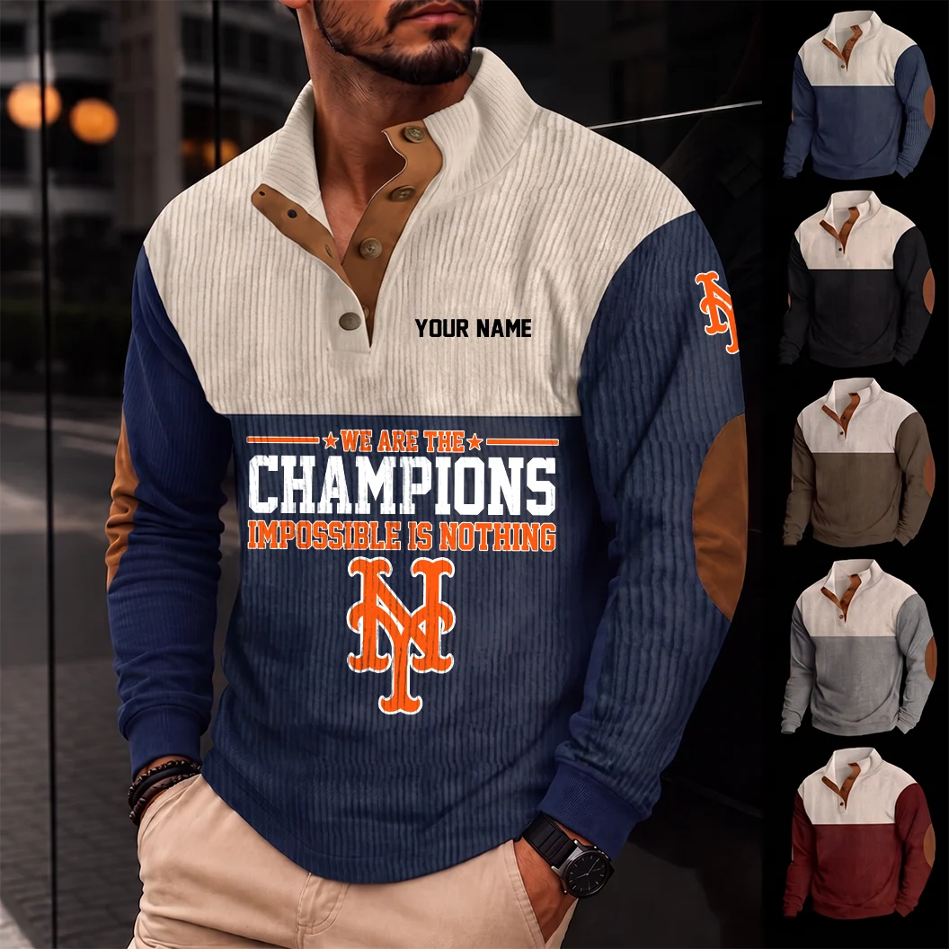 Limited Edition – Customized MLB New York Mets Button Sweatshirts Stand Collar