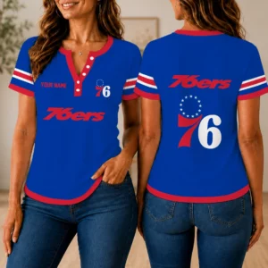 Limited Edition – Customized NBA Philadelphia 76Ers Women’s Short Sleeve Henley T-Shirt
