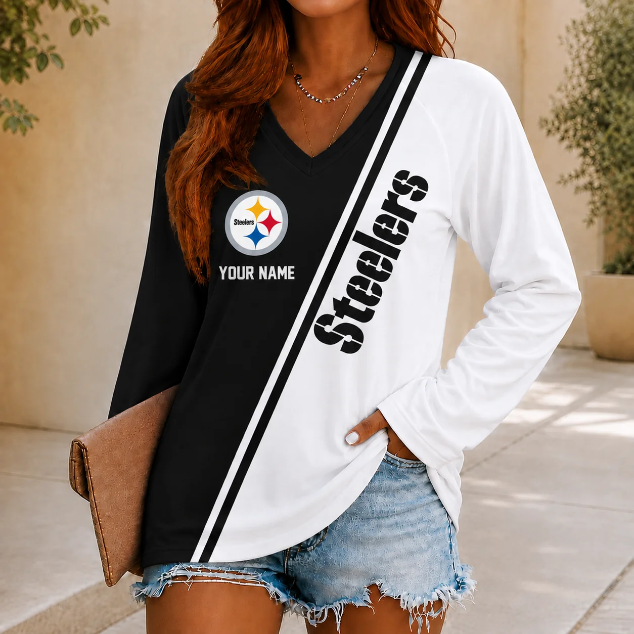 Limited Edition – Customized NFL Pittsburgh Steelers Women’s V-Neck Long Sleeved Shirt