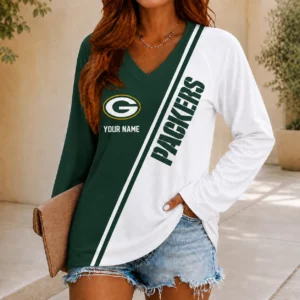 Limited Edition – Customized NFL Green Bay Packers Women’s V-Neck Long Sleeved Shirt