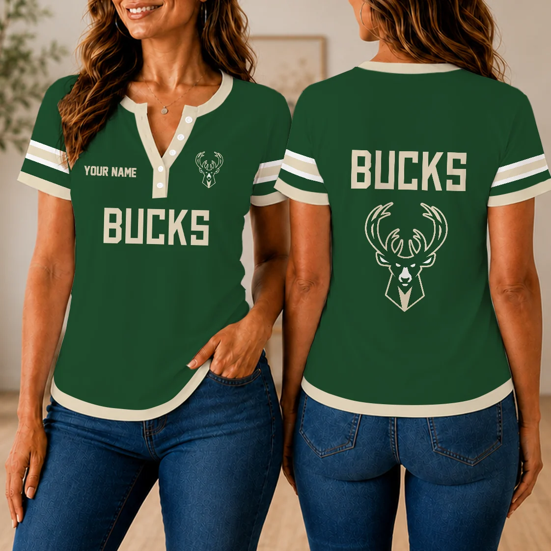 Limited Edition – Customized NBA Milwaukee Bucks Women’s Short Sleeve Henley T-Shirt