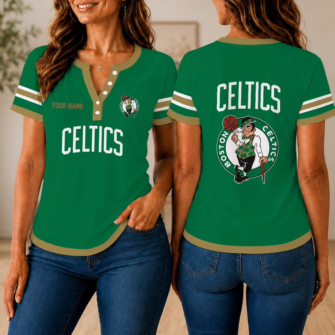 Limited Edition – Customized NBA Boston Celtics Women’s Short Sleeve Henley T-Shirt