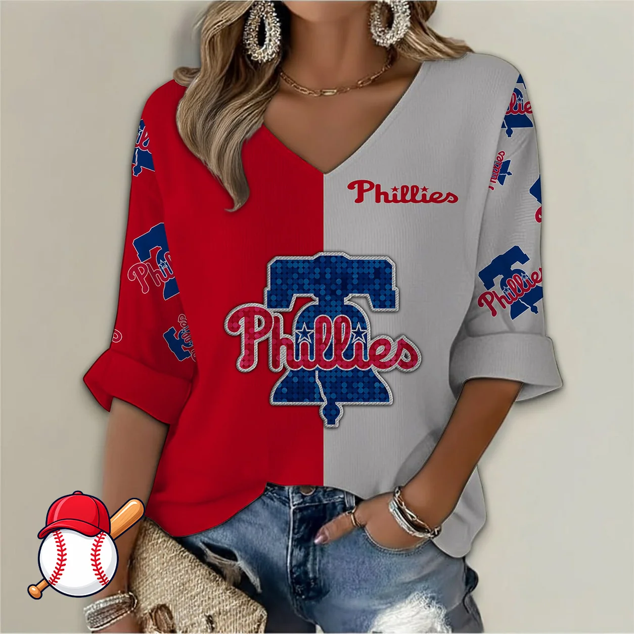 Limited Edition – Customized MLB Philadelphia Phillies Women’s V-Neck Long Sleeve Shirt