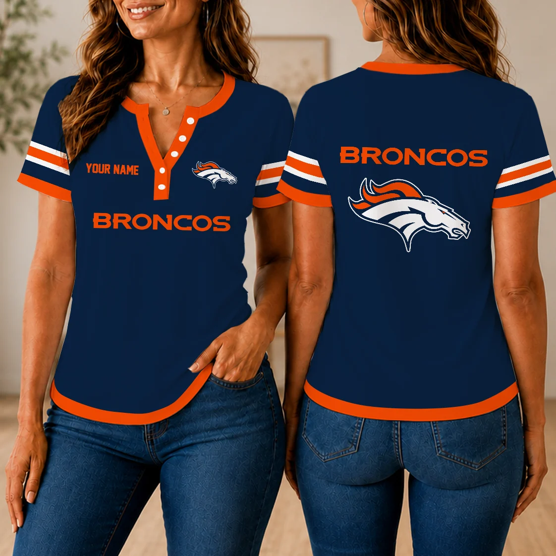 Limited Edition – Customized NFL Denver Broncos Women’s Short Sleeve Henley T-Shirt