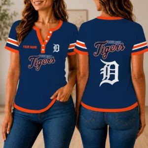 Limited Edition – Customized MLB Detroit Tigers Women’s Short Sleeve Henley T-Shirt