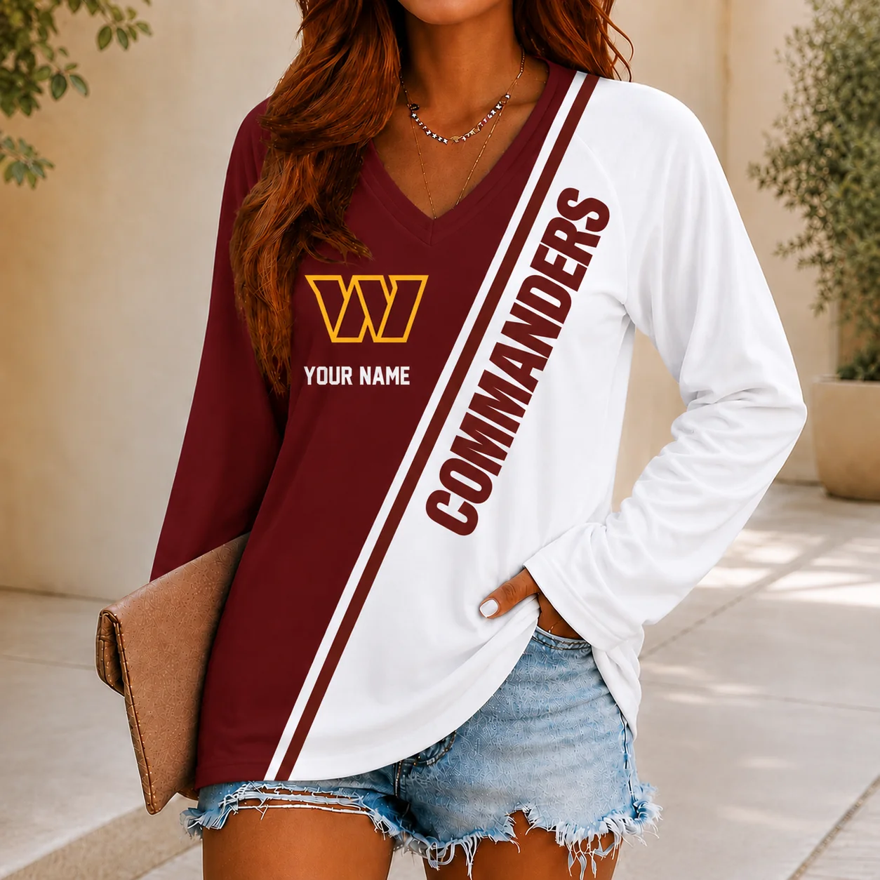 Limited Edition – Customized NFL Washington Commanders Women’s V-Neck Long Sleeved Shirt