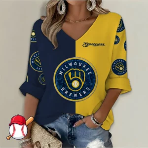 Limited Edition – Customized MLB Milwaukee Brewers Women’s V-Neck Long Sleeve Shirt