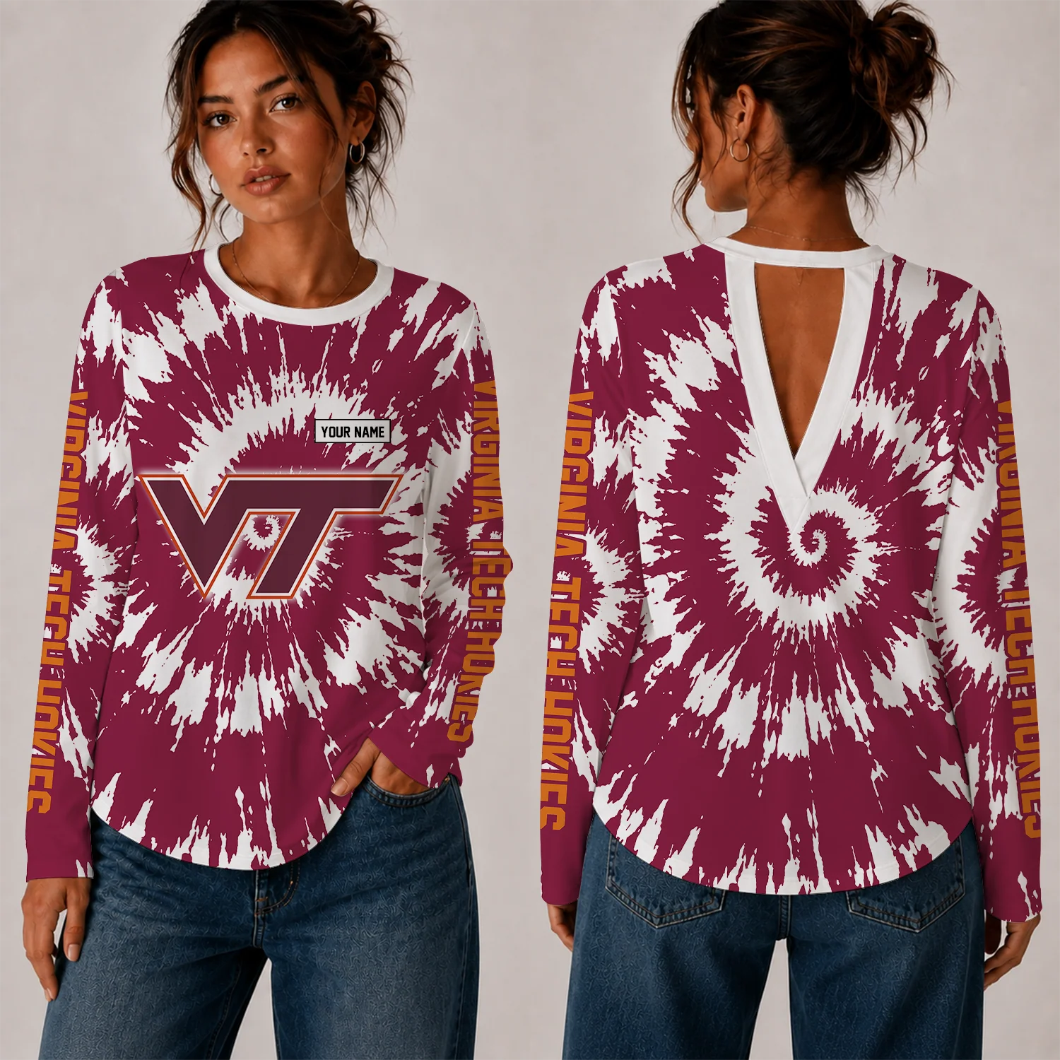 Limited Edition – Customized NCAA Virginia Tech Hokies Women’s Back V-Cut Long-Sleeve Shirt