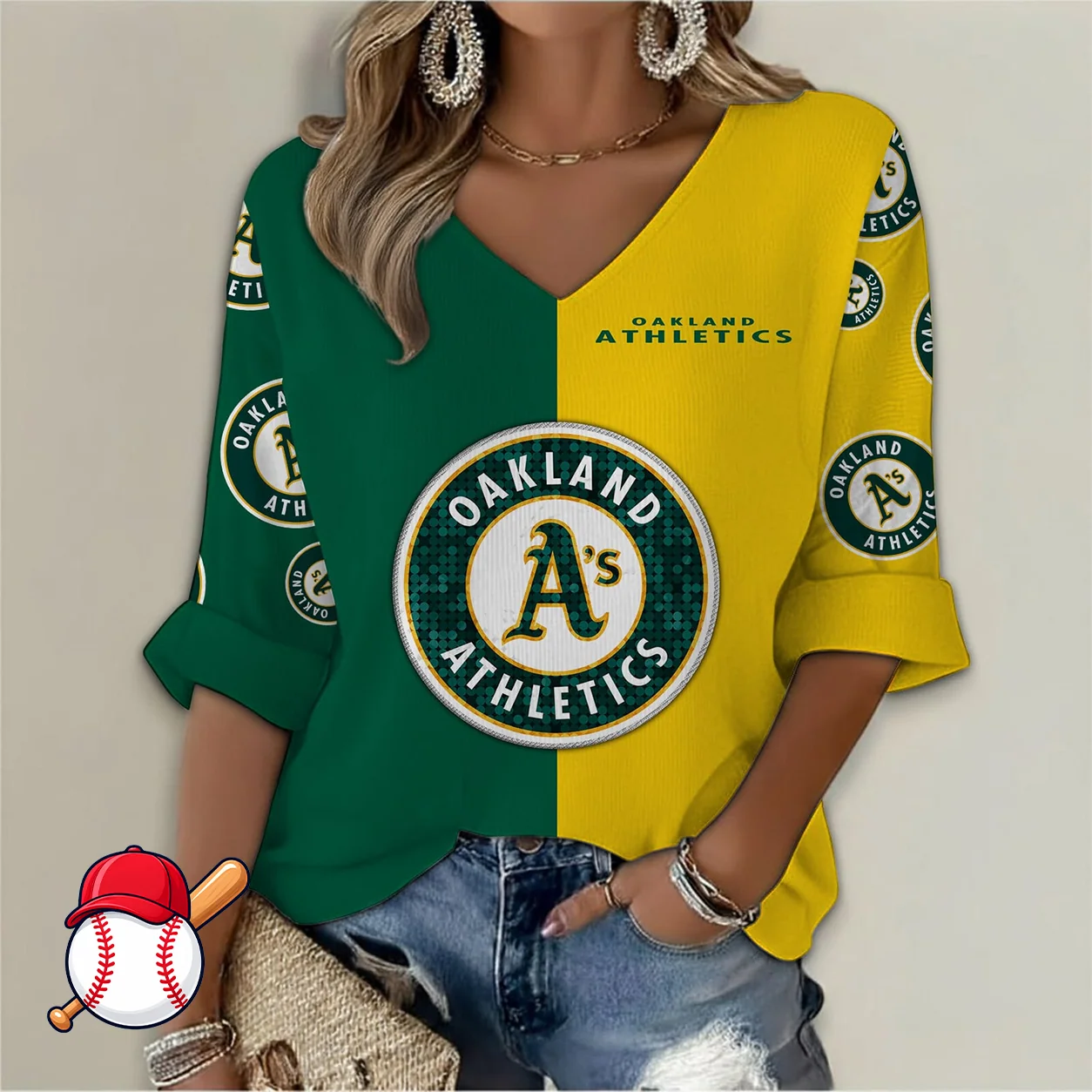 Limited Edition – Customized MLB Oakland Athletics Women’s V-Neck Long Sleeve Shirt