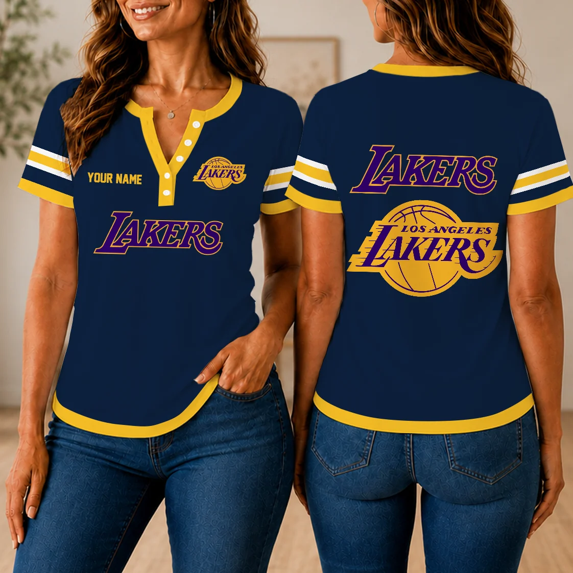 Limited Edition – Customized NBA Los Angeles Lakers Women’s Short Sleeve Henley T-Shirt