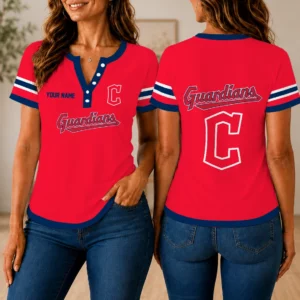 Limited Edition – Customized MLB Cleveland Guardians Women’s Short Sleeve Henley T-Shirt