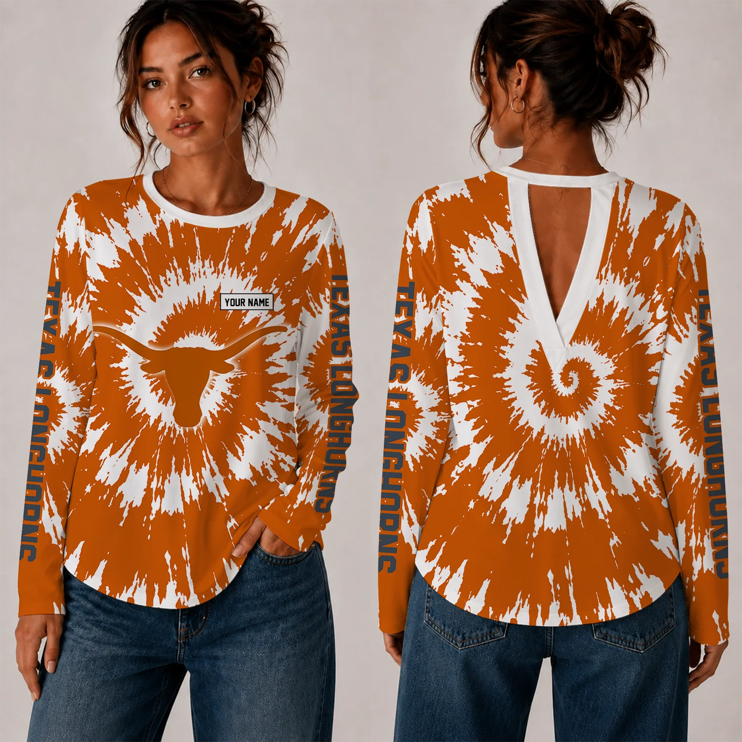 Limited Edition – Customized NCAA Texas Longhorns Women’s Back V-Cut Long-Sleeve Shirt