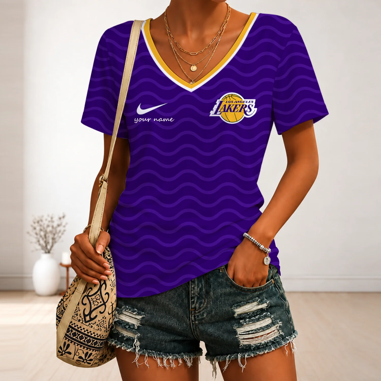 Limited Edition – Customized NBA Los Angeles Lakers V-Neck Female Shirt