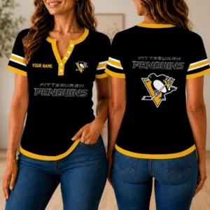 Limited Edition – Customized NHL Pittsburgh Penguins Women’s Short Sleeve Henley T-Shirt