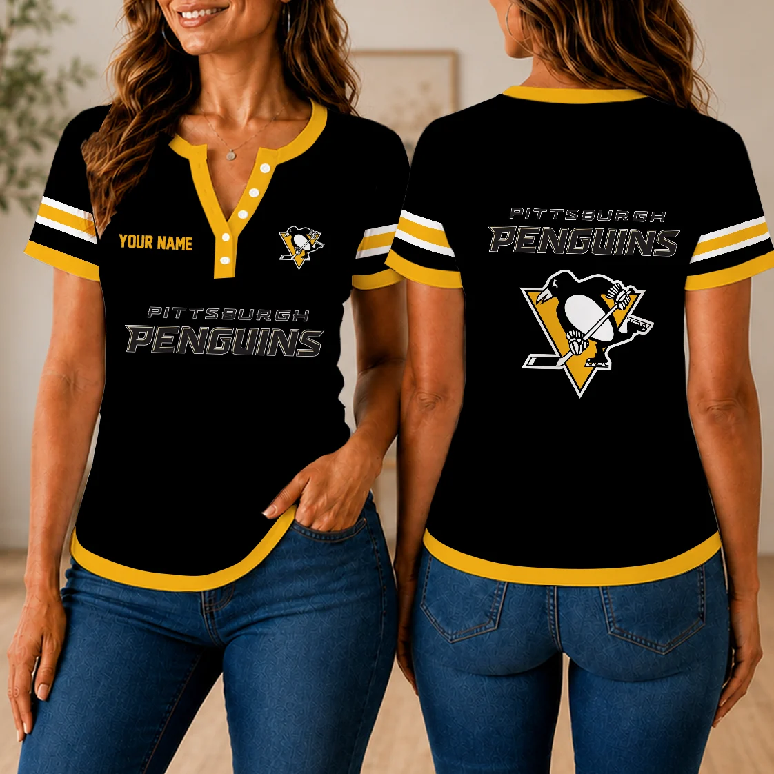 Limited Edition – Customized NHL Pittsburgh Penguins Women’s Short Sleeve Henley T-Shirt