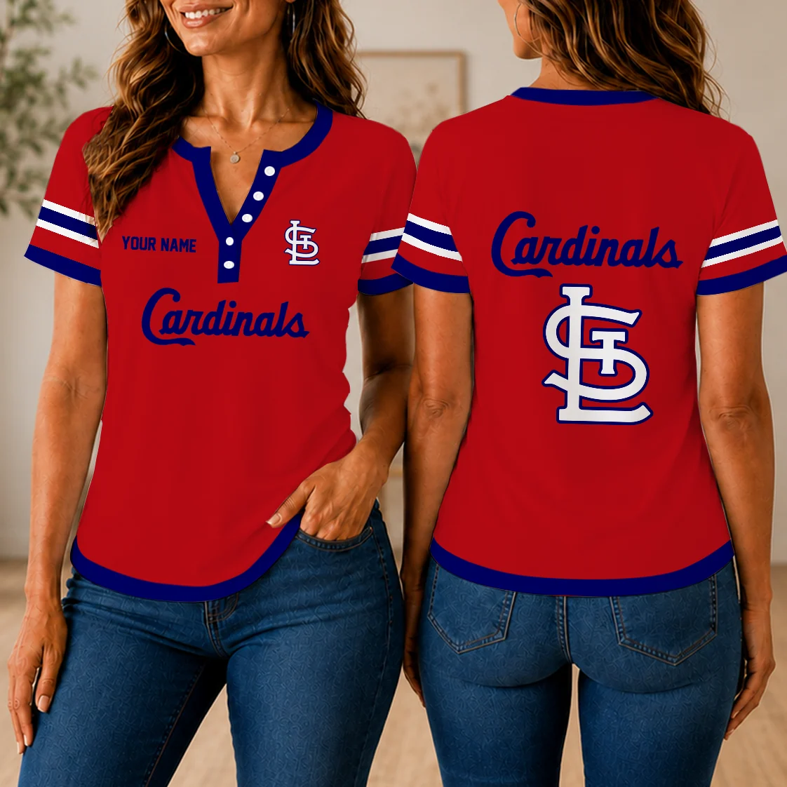 Limited Edition – Customized MLB St. Louis Cardinals Women’s Short Sleeve Henley T-Shirt