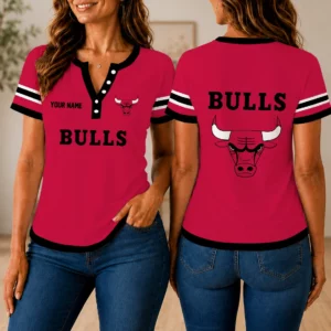 Limited Edition – Customized NBA Chicago Bulls Women’s Short Sleeve Henley T-Shirt