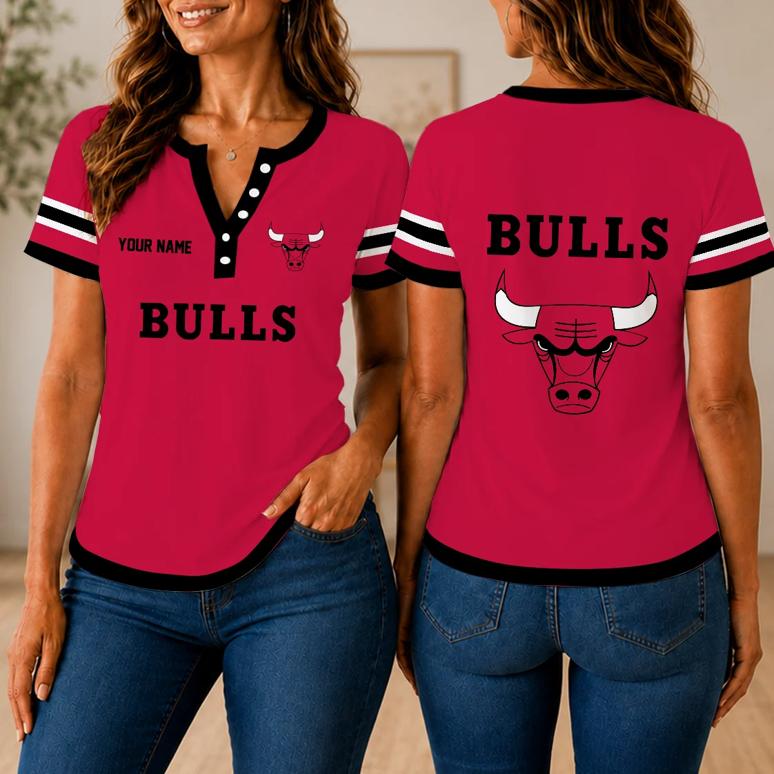 Limited Edition – Customized NBA Chicago Bulls Women’s Short Sleeve Henley T-Shirt