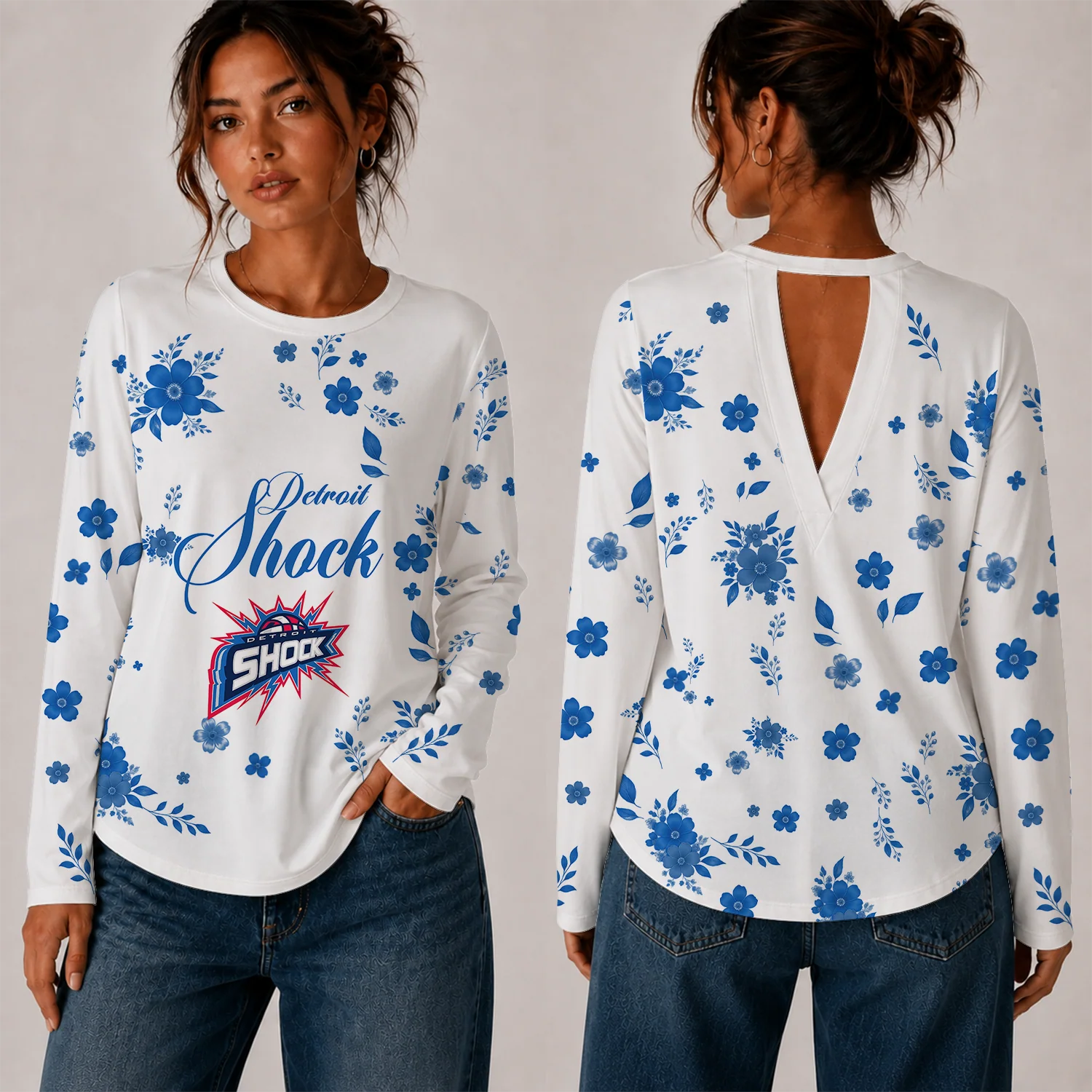 Limited Edition – Customized WNBA Detroit Shock Women’s Back V-Cut Long-Sleeve Shirt