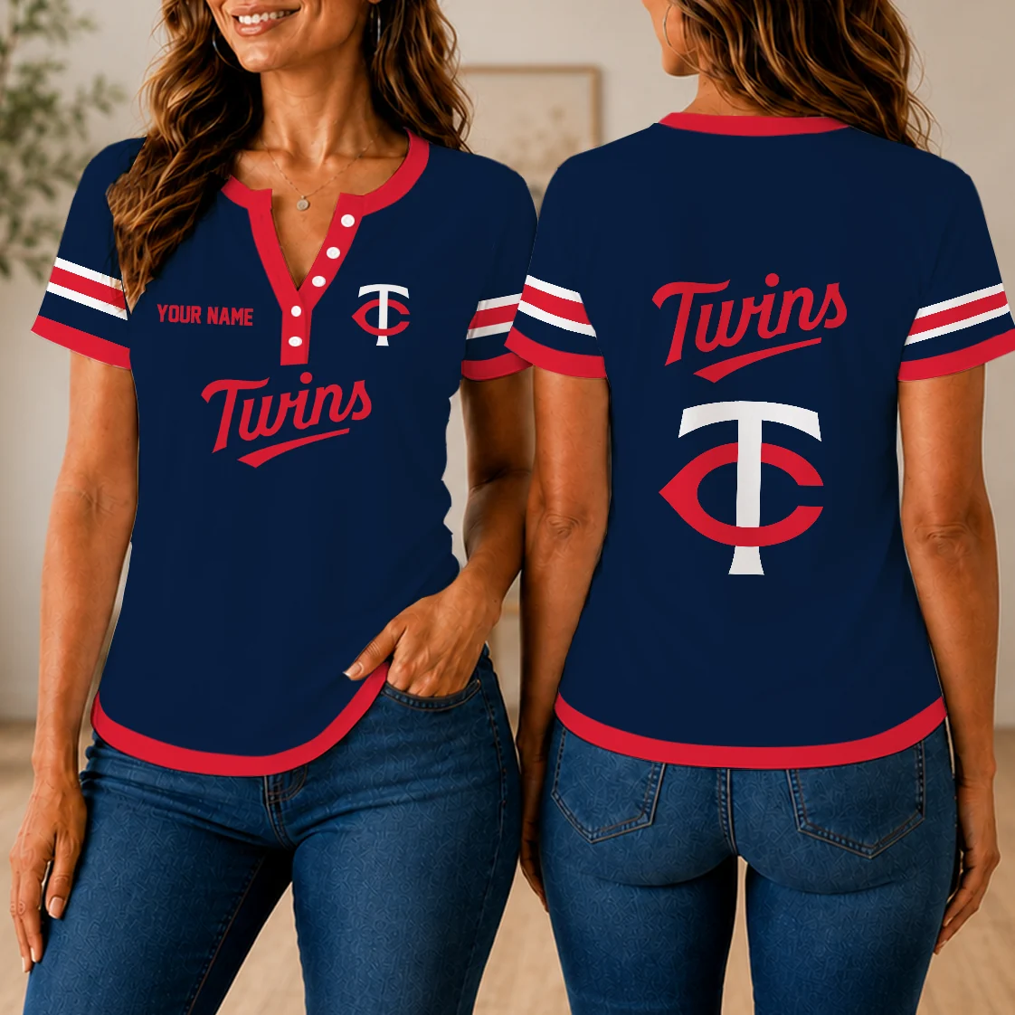 Limited Edition – Customized MLB Minnesota Twins Women’s Short Sleeve Henley T-Shirt