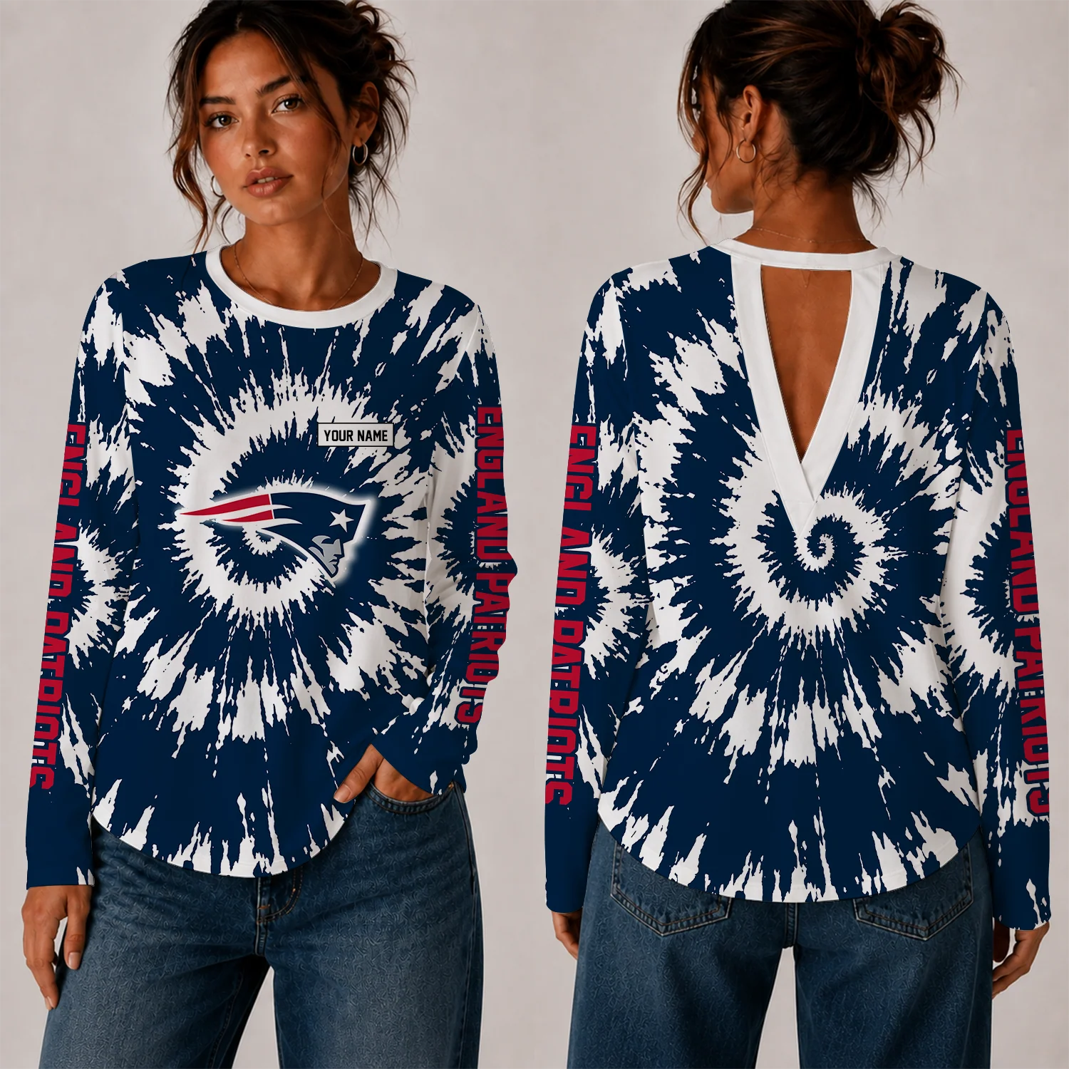 Limited Edition – Customized NFL New England Patriots Women’s Back V-Cut Long-Sleeve Shirt