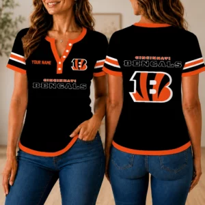 Limited Edition – Customized NFL Cincinnati Bengals Women’s Short Sleeve Henley T-Shirt