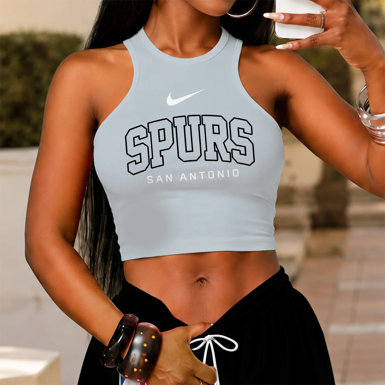 Limited Edition – Customized NBA San Antonio Spurs Crop Top & Long Pants Set - Image 2