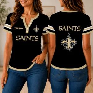 Limited Edition – Customized NFL New Orleans Saints Women’s Short Sleeve Henley T-Shirt