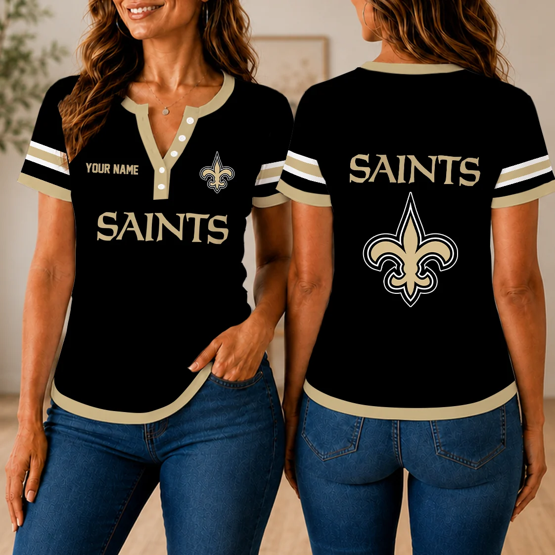 Limited Edition – Customized NFL New Orleans Saints Women’s Short Sleeve Henley T-Shirt
