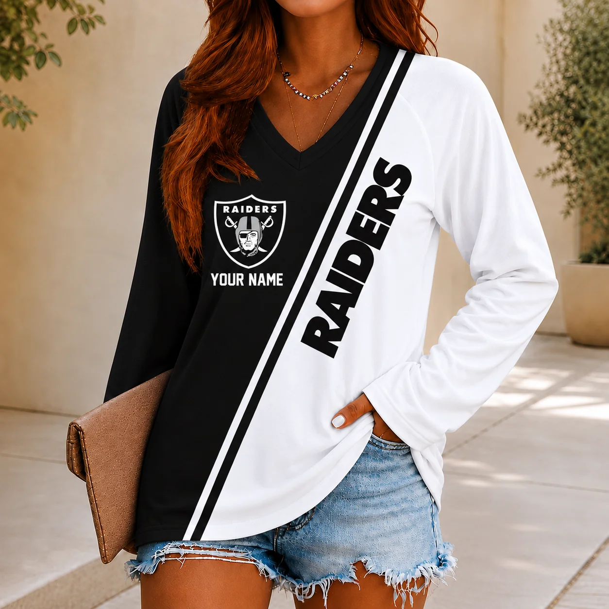 Limited Edition – Customized NFL Las Vegas Raiders Women’s V-Neck Long Sleeved Shirt