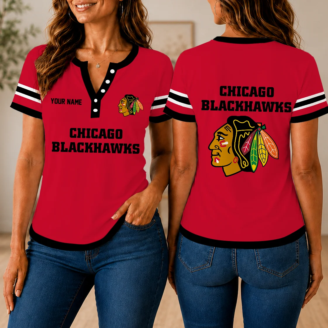 Limited Edition – Customized NHL Chicago Blackhawks Women’s Short Sleeve Henley T-Shirt