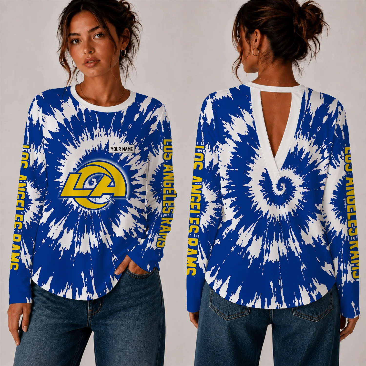Limited Edition – Customized NFL Los Angeles Rams Women’s Back V-Cut Long-Sleeve Shirt