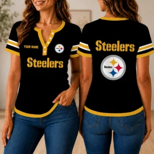 Limited Edition – Customized NFL Pittsburgh Steelers Women’s Short Sleeve Henley T-Shirt