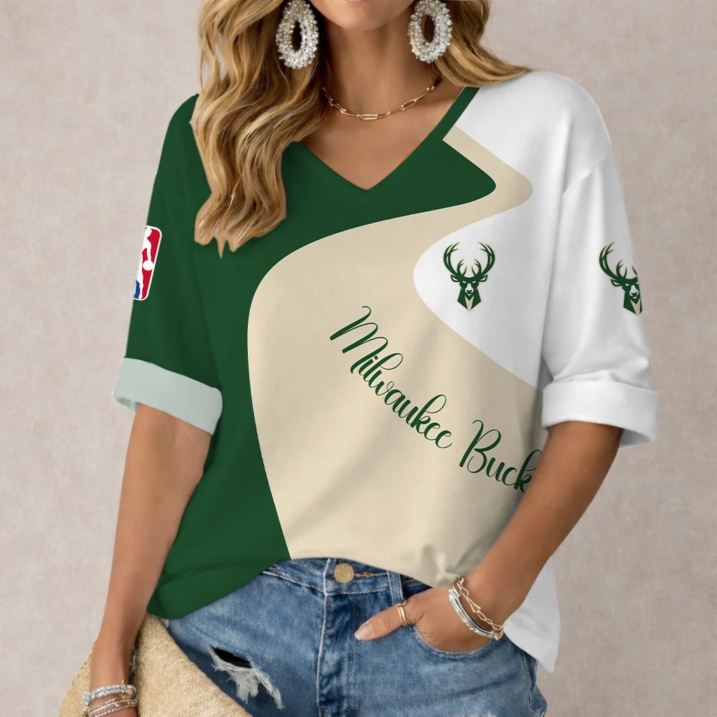 Limited Edition – Customized NBA Milwaukee Bucks Women’s V-Neck Long Sleeve Shirt