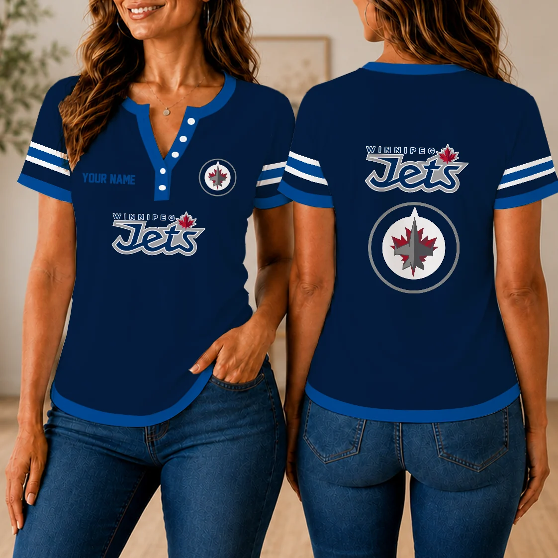 Limited Edition – Customized NHL Winnipeg Jets Women’s Short Sleeve Henley T-Shirt
