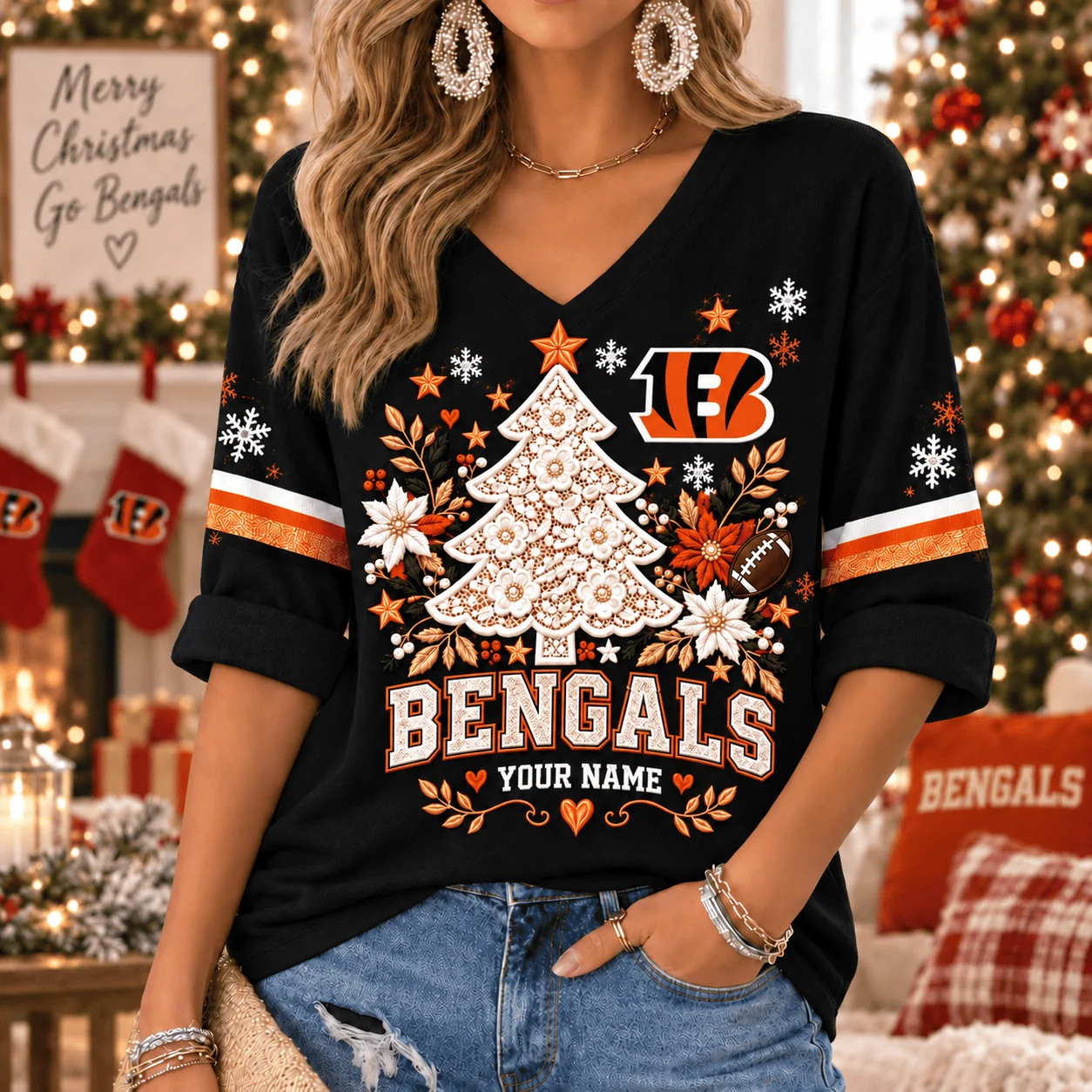 Limited Edition – Customized NFL Cincinnati Bengals Women’s Heart V-Neck Long Sleeve Shirt