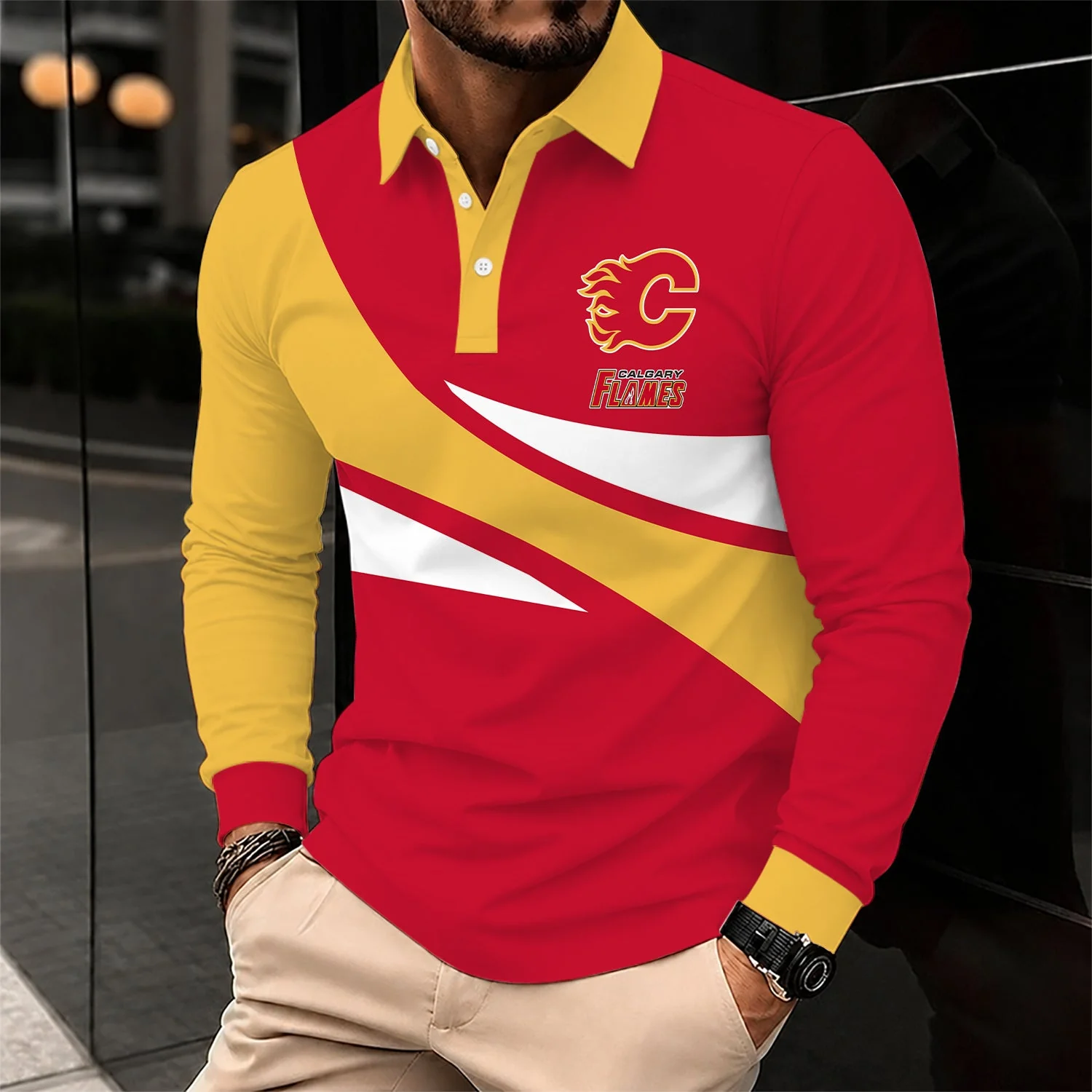 Limited Edition – Customized NHL Calgary Flames Men Long Sleeve Polo Shirt