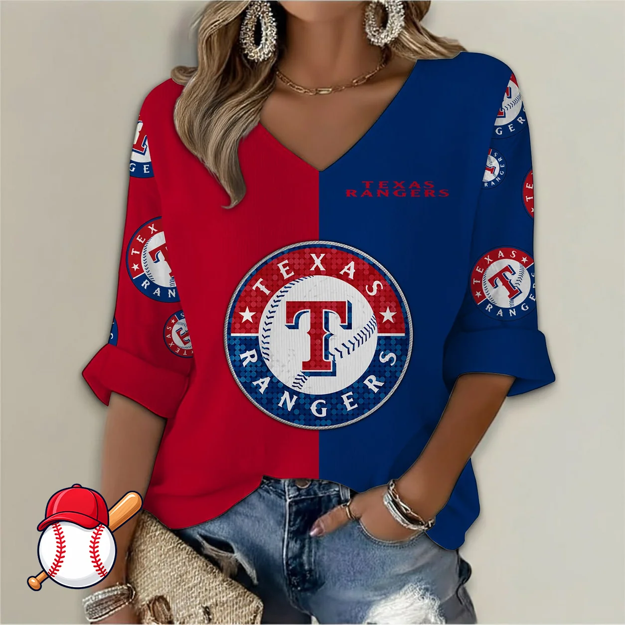Limited Edition – Customized MLB Texas Rangers Women’s V-Neck Long Sleeve Shirt