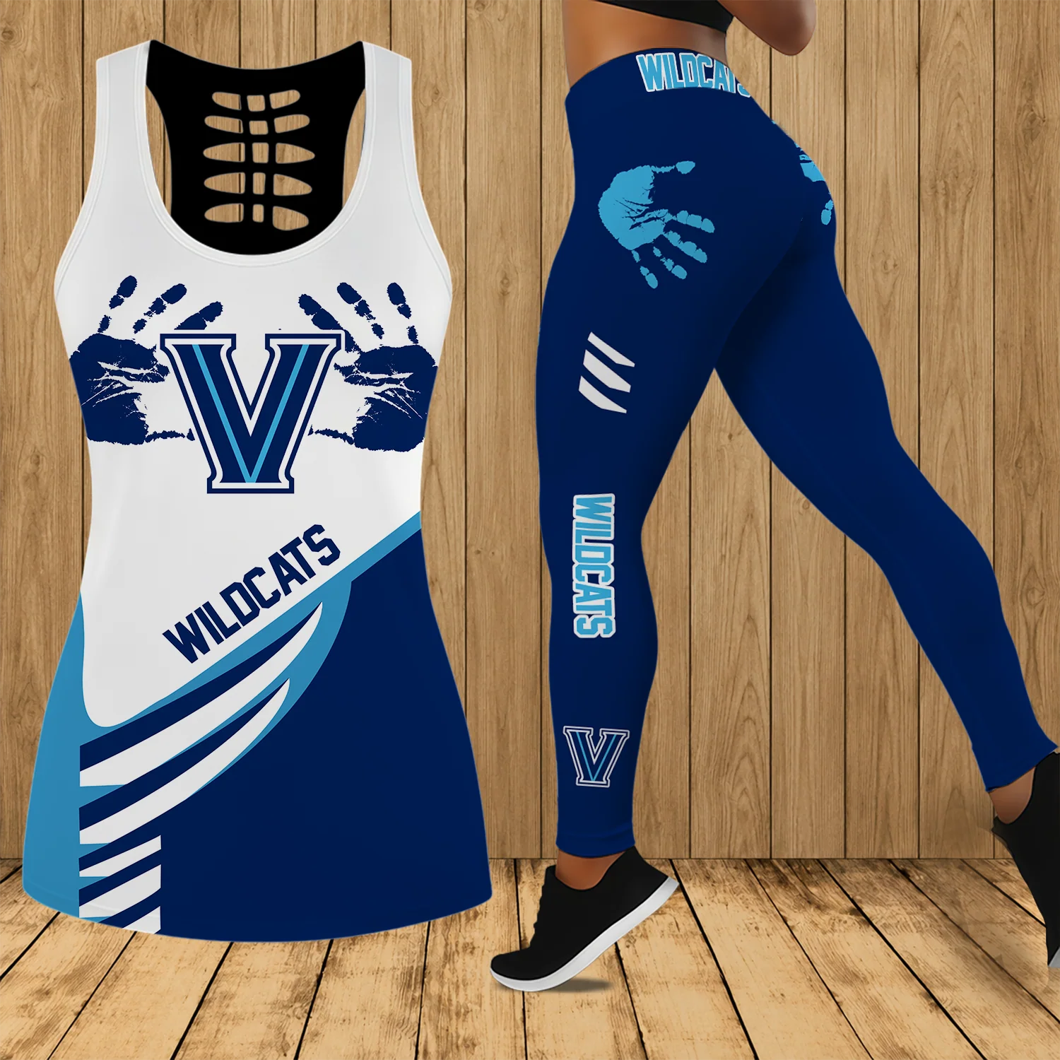 Limited Edition – Customized NCAA Villanova Wildcats Strappy Hollow Tank Top & Leggings Set