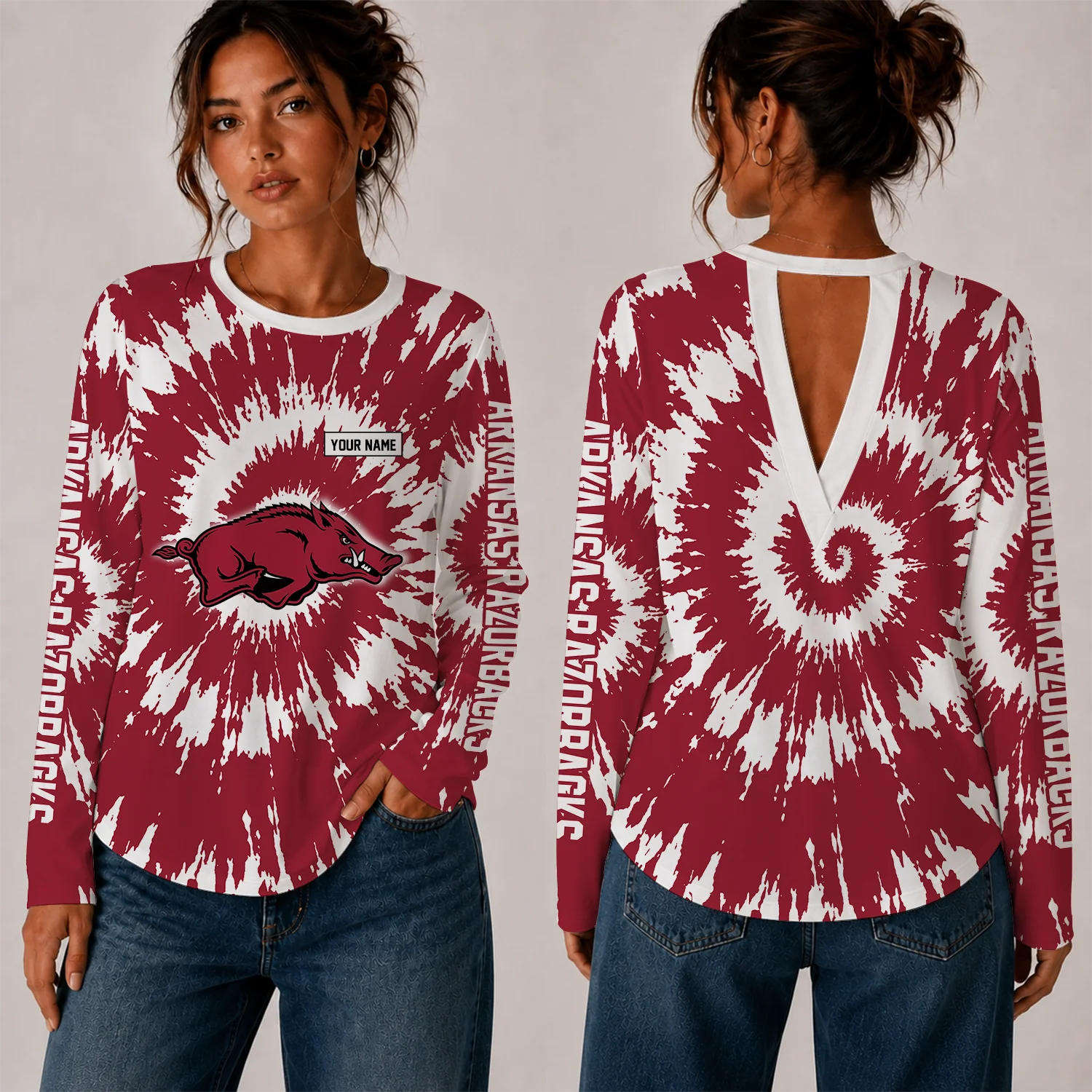 Limited Edition – Customized NCAA Arkansas Razorbacks Women’s Back V-Cut Long-Sleeve Shirt