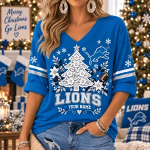 Limited Edition – Customized NFL Detroit Lions Women’s Heart V-Neck Long Sleeve Shirt