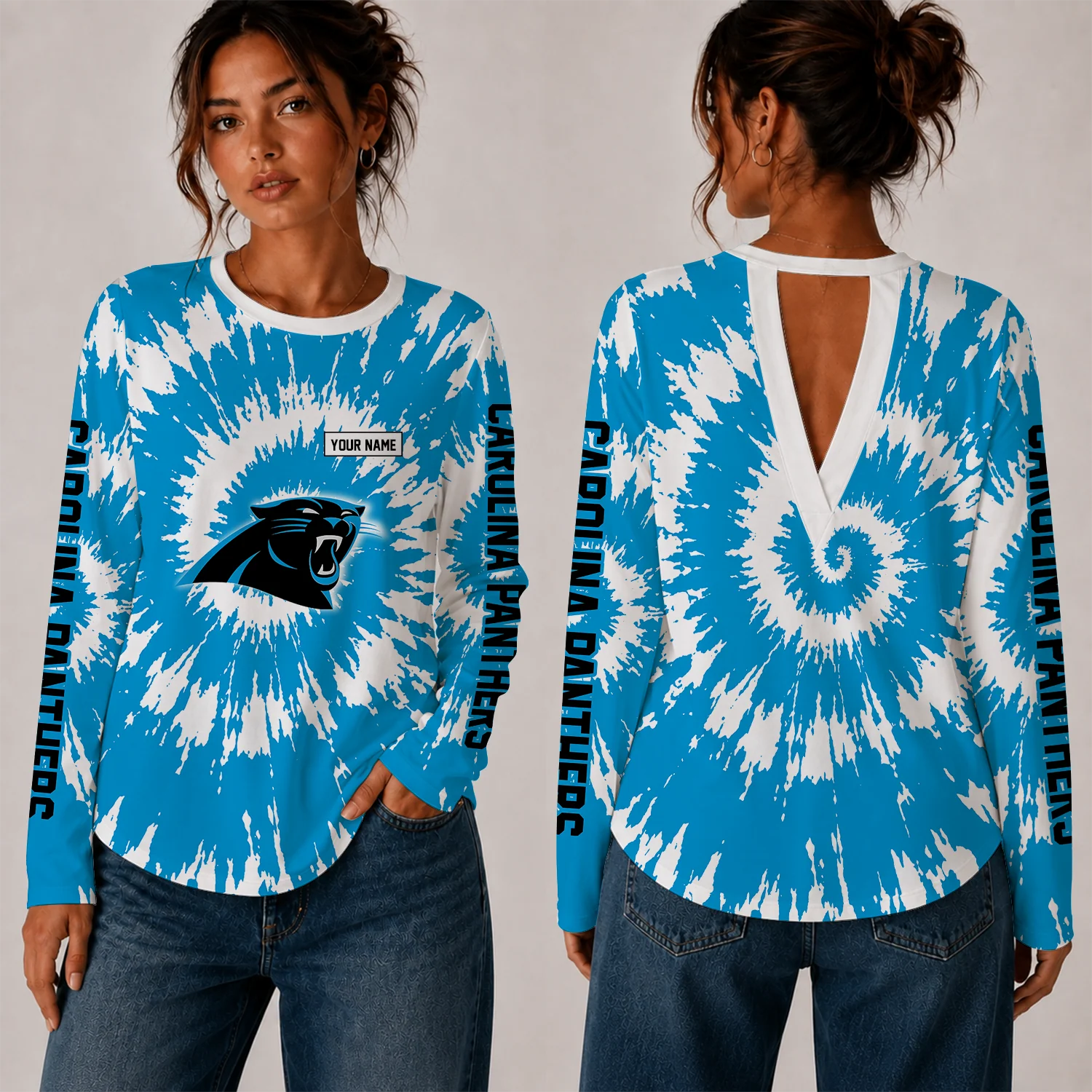 Limited Edition – Customized NFL Carolina Panthers Women’s Back V-Cut Long-Sleeve Shirt