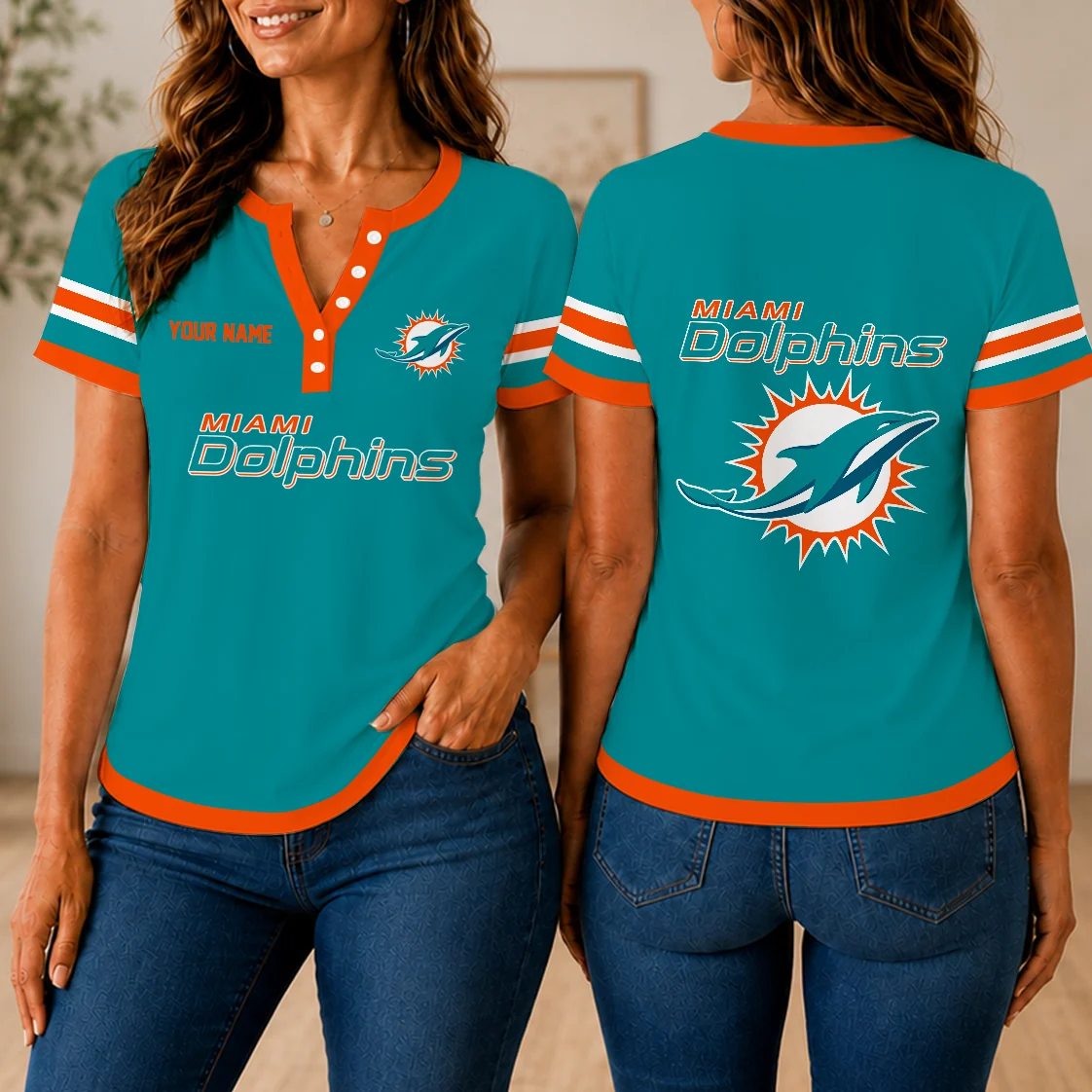 Limited Edition – Customized NFL Miami Dolphins Women’s Short Sleeve Henley T-Shirt