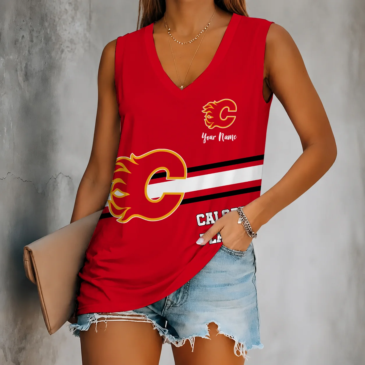 Limited Edition – Customized NHL Calgary Flames Women’s V-Neck Tank Top