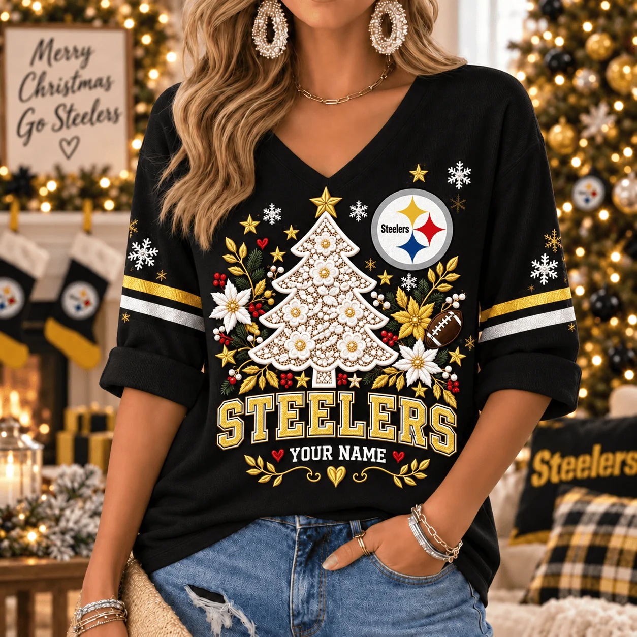 Limited Edition – Customized NFL Pittsburgh Steelers Women’s Heart V-Neck Long Sleeve Shirt