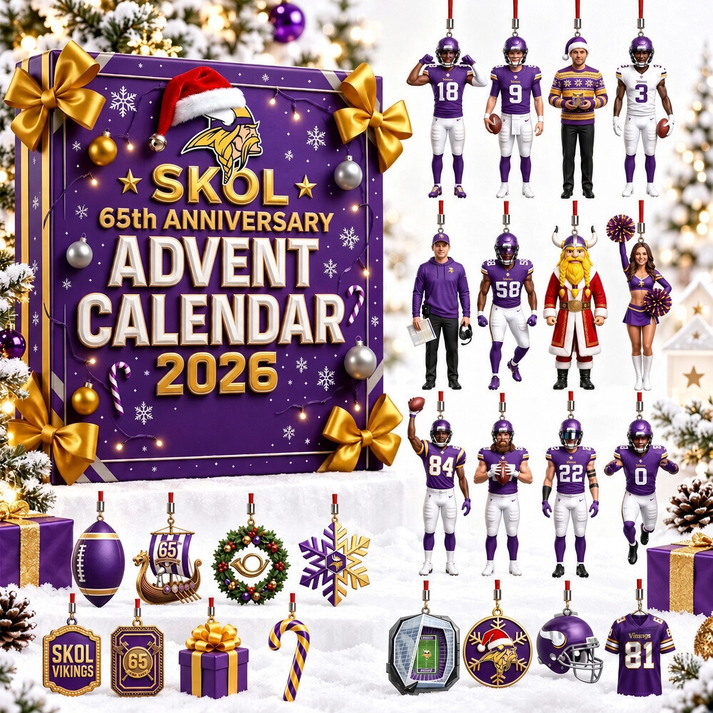 Minnesota Vikings 65th Anniversary Advent Calendar 2026 Vikings Christmas Ornaments